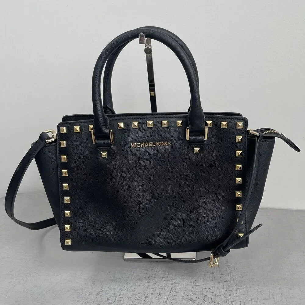 Michael Kors Gold Studded Black‎ Leather Selma Satchel Crossbody Handbag